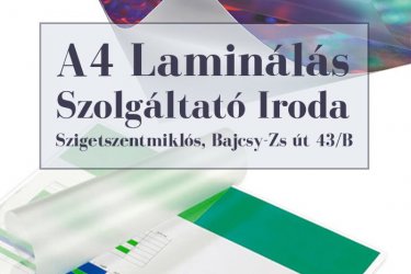 Laminálás Szigetszentmiklós!
További szolgáltatások:
- bélyegző készítés
- névjegykártya készítés
- iratfűzés spirálozással
- szkennelés!
- fénymásolás
- nyomtatás

Szigetszentmiklós Bajcsy Zs.u.43/B  Szolgáltató Iroda
Nyitva: H-P: 9.00-16.00
Tel: 30/219-6025 (munkaidőben)
E-mail: ajandekbroker@gmail.com