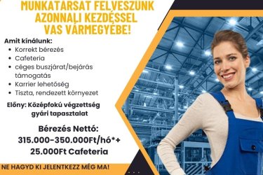 Betanított gyári munka azonnali kezdéssel Vas Vármegyében!