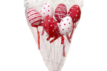 Piros-fehér húsvéti pálcás tojás 6 db