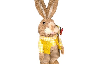 Húsvéti dekoráció – természetes rost nyuszi piros pillangóval, 37 cm