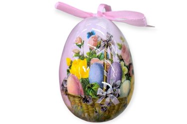 Húsvéti tojás kosármintás – festett színes tojásokkal, rózsaszín szalaggal, 7,5 cm