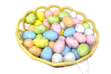 Színes húsvéti dísztojás kosárban 2 cm 48 db ezüst mintás