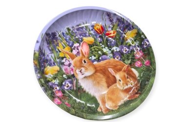 Virágmintás nyuszis húsvéti fém tálca 26 cm