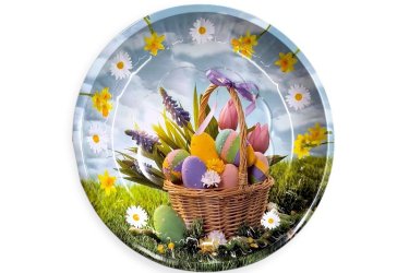Húsvéti fém tálca kosár tojásokkal és tulipánnal 26 cm