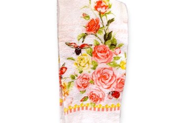 Fehér pamut konyhai törlő húsvéti rózsás mintával, 60x35cm