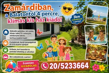 Zamárdiban, a Balatontól 4 percre, klímás, kis ház kiadó. Különálló épületben, két szobás, klímás, TV, zuhanyzós, minikonyhás lakrész, kert használattal kiadó!