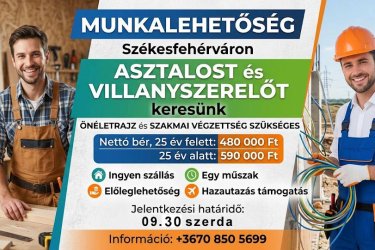 ASZTALOSOKAT és VILLANYSZERELŐKET VÁRUNK