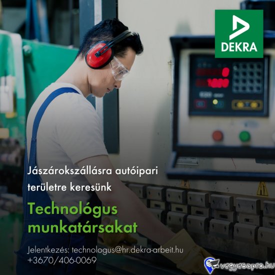 Magyarországon több ezer főt foglalkoztató, autóelektronika, telekommunikáció és ipari méréstechnika területre gyártó autóipari partnerünk számára keresünk munkatársakat Technológus munkakörbe

Feladatok:
•	A támogatott termelési területre érkező új termékek technológiáinak honosításában való részvétel, a projektmérnök koordinálásával
•	Technológiai problémák gyökér okának megkeresése érdekében végrehajtandó tesztmegbízások kivitelezése, dokumentálása, analizálása a szériatámogató mérnök koordinálása mellett
•	Folyamatos, támogató kapcsolattartás a felügyelt termelési terület gépbeállítóival
•	Kis szériás és egzotikus termékek megbízásainak teljesítésekor gyártás kivitelezése, aktív támogatás

Elvárások:
•	Műszaki végzettség
•	Alapos műszaki ismeretek: gépészeti, elektronikai, automatizálás vonalon 
•	Önálló, felelősségteljes munkavégzésre való képesség
•	Felhasználói szintű számítógépes ismeretek
•	Több műszakos munkarend vállalása

Előny:
•	Hasonló területen szerzett releváns szakmai tapasztalat
•	Gépek kezelésében, karbantartásában szerzett több éves tapasztalat kiemelt előnyt jelent

Amit partnerünk kínál:
•	Versenyképes bérezés 
•	Hosszú távú munkalehetőség, stabil nemzetközi háttér
•	Belső karriertervezés: folyamatos fejlődési és előrelépési lehetőség
•	Ingyenes céges buszjáratok, több szomszédos településről is
