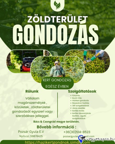 Tökéletes, rendezett zöldterület a Megbízható Kertgondozótól! Ne pazarolja az idejét! Mi vállaljuk a teljes körű rendbetételt: ???? Családi házak, nyaralók, üdülők: Komplett kertrendezés A-Z-ig. ???? Vízparti telkek: Különös gonddal kezeljük a speciális, vízparti környezetet. ???? Közületek, Temetők: Nagyméretű zöldterületek esztétikus, rendszeres karbantartása. Miért minket válasszon? Rövid Határidő: Sürgős igény esetén is gyorsan reagálunk! Megbízható Garancia: Minden munkára számlát és minőségi garanciát biztosítunk. ???? Dupla Előny a Téli Tervezésért! Kösse le a 2026-os szezon rendszeres karbantartási időpontjait MOST! Garantáljuk a prioritást, PLUSZ: Élvezze az ???? extra 10% Téli Kedvezményt a 2026-os első munkára! Kérjen ingyenes felmérést és ajánlatot . Bővebb információ itt olvasható! https://hazikertgondnok.simdif.com