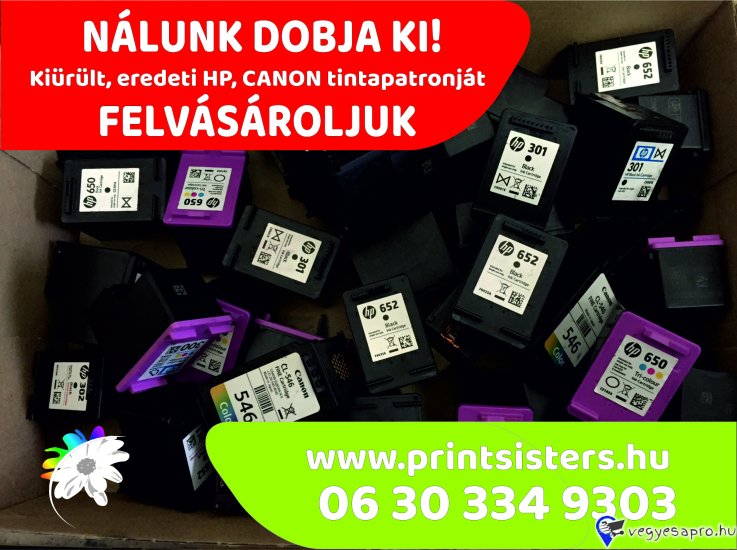 Üres eredeti HP és Canon tintapatronokat keressünk megvételre.
Készpénzben fizetünk.
Infomációért hívjon vagy nézze meg a weboldalunkat.
www.printsisters.hu
06-30-334-9333
