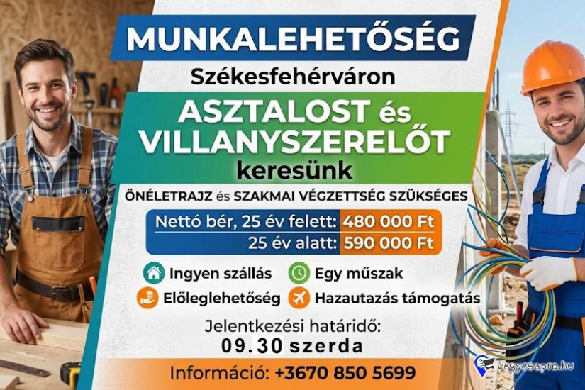 ASZTALOSOKAT és VILLANYSZERELŐKET VÁRUNK